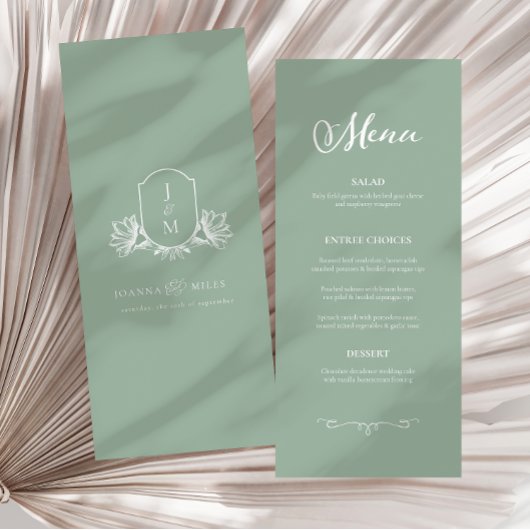 Botanisch Sage Monogram Crest Weddenschap Menu