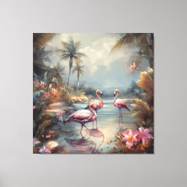  botanisch schilderij flamingo's en bloemen canvas afdruk