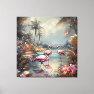 botanisch schilderij flamingo's en bloemen canvas afdruk