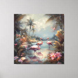  botanisch schilderij flamingo's en bloemen canvas afdruk