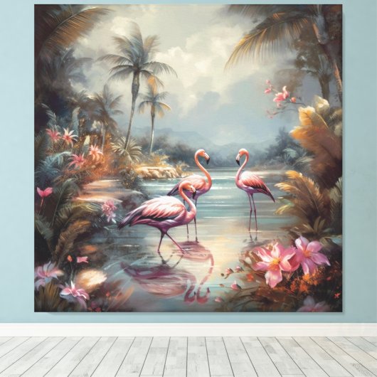 botanisch schilderij flamingo's en bloemen canvas afdruk (Insitu (Houten vloer))