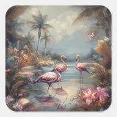  botanisch schilderij flamingo's en bloemen vierkante sticker (Voorkant)