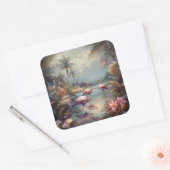  botanisch schilderij flamingo's en bloemen vierkante sticker (Envelop)