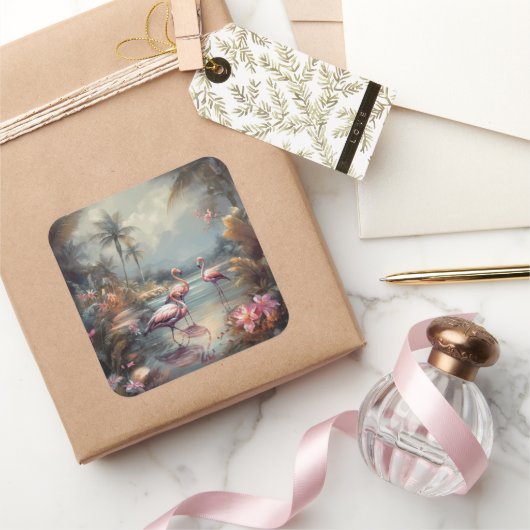  botanisch schilderij flamingo's en bloemen vierkante sticker (Geschenken)