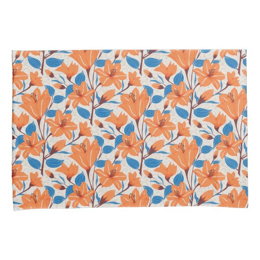 Botanisch Sinaasappel Blauwe Lelie Bloemenpatroon Kussensloop (Voorkant-Rechts)