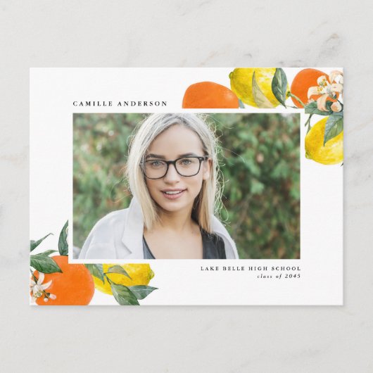 Botanisch Sinaasappel & Citroen QR Code Foto Afstu Aankondigingskaart (Voorkant)