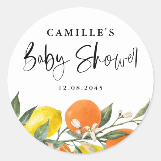 Botanisch Sinaasappel en citroen Baby shower envel Ronde Sticker (Voorkant)