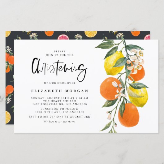 Botanisch Sinaasappel en citroen doopuitnodiging (Voorkant / Achterkant)