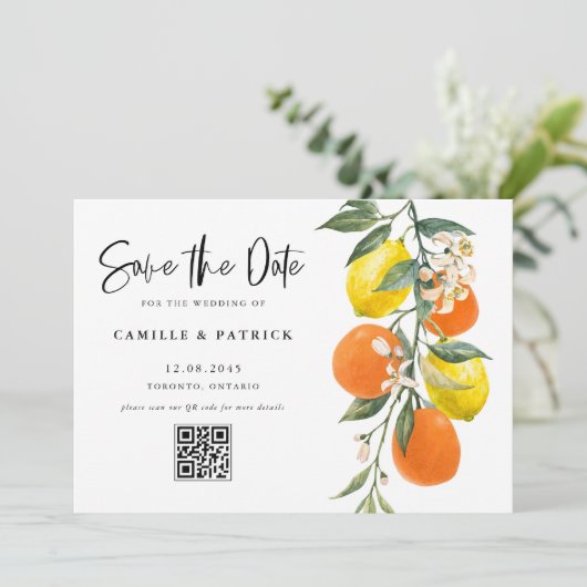Botanisch Sinaasappel en citroen QR-code Bewaar de Save The Date (Staand voorkant)