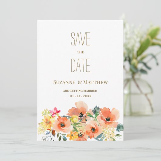 Botanisch sinaasappel geel roze bloemig Save the D Kaart (Staand voorkant)