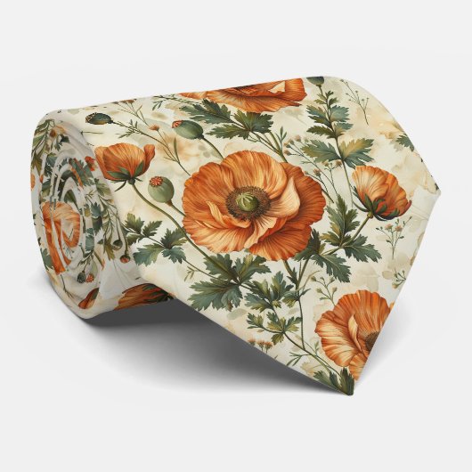 Botanisch Sinaasappel papaverpatroon Stropdas (Opgerold)
