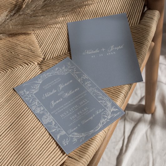 Botanisch Stof Blauw Bloem Boho Klasse Trouwfeest Kaart