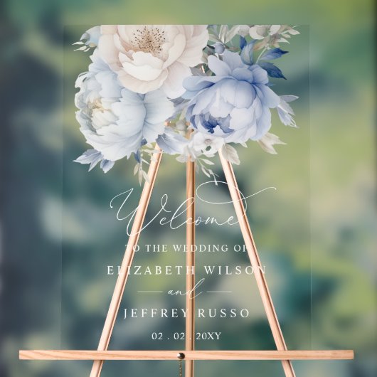 Botanisch Stoffig Blauw Bloemen Bruiloft Welkomstb Acryl Bord (Neutraal)