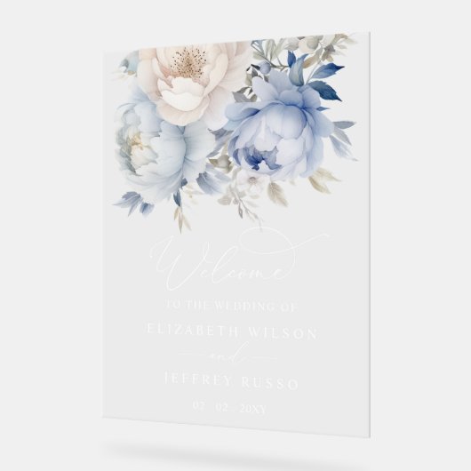 Botanisch Stoffig Blauw Bloemen Bruiloft Welkomstb Acryl Bord (Hoek)