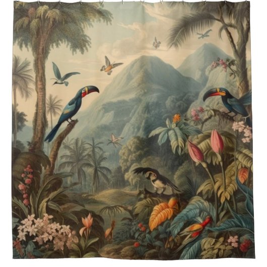  botanisch tafereel van toekans en bloemen douchegordijn (Voorkant)