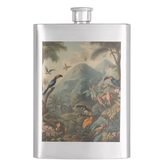 botanisch tafereel van toekans en bloemen flacon (Voorkant)