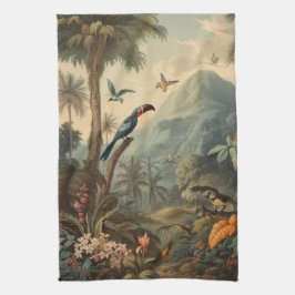 botanisch tafereel van toekans en bloemen theedoek