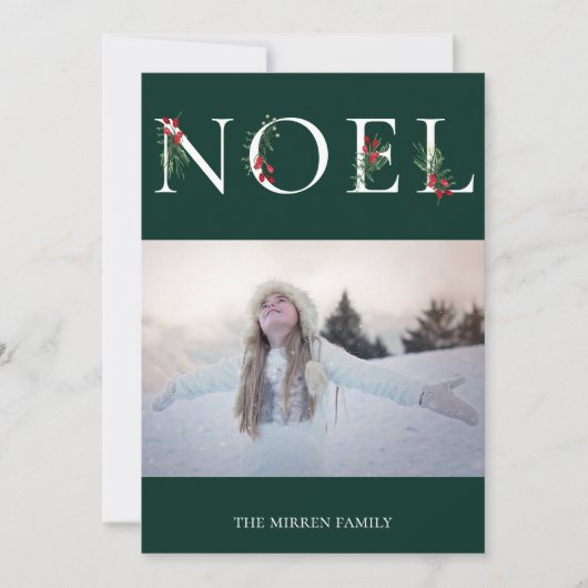 Botanisch Versierde NOEL Platte Kerst Foto Kaart (Voorkant)