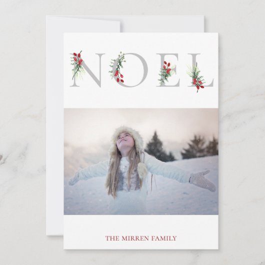 Botanisch versierde NOEL platte kerstfoto kaart (Voorkant)