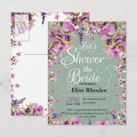 Botanisch violet floral lijst minty Vrijgezellenfe Uitnodiging Briefkaart (Voorkant / Achterkant)