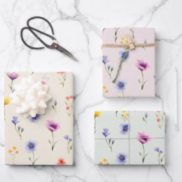 Botanisch wildbloem-verpakkings-papier set van 3 inpakpapier vel