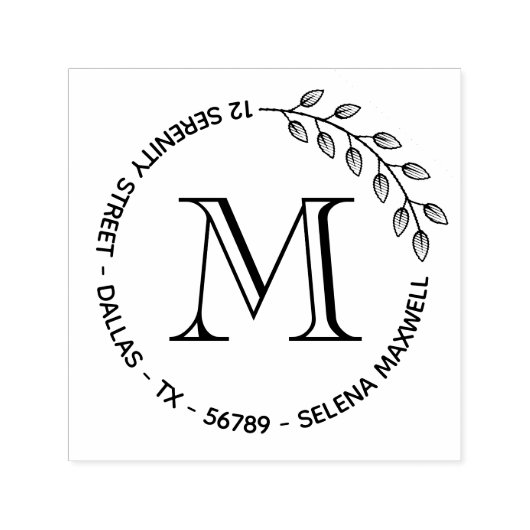 Botanisch Wreater Leaves Monogram Round Address Zelfinktende Stempel (Design)