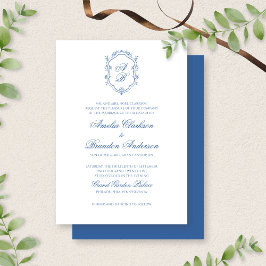 Botanisch Zee Blauw Monogram Crest & Script Weddin Kaart