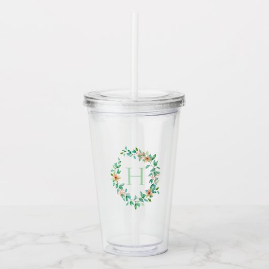 Botanisch Zee laat Floral Wreatmonogram uit Acryl Drinkbeker (Voorkant)
