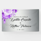 Botanisch Zilver en Paarse Rozen Bruiloft Welkom Spandoek (Horizontaal)