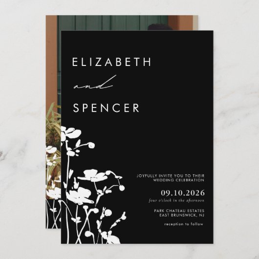 Botanisch Zwart Bloemen Modern Bruiloft Kaart (Voorkant / Achterkant)