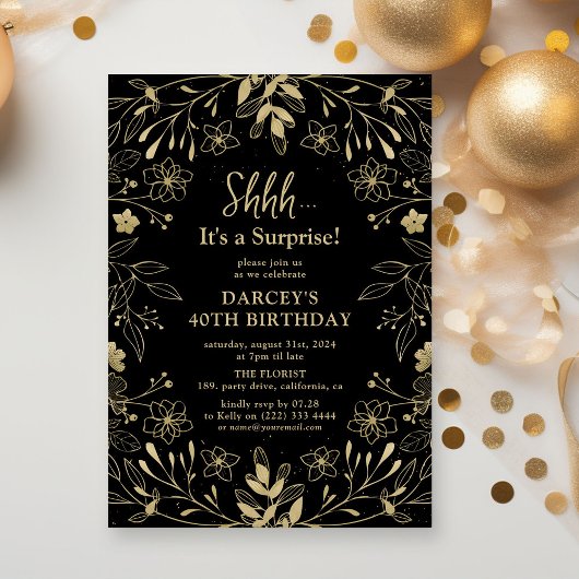 Botanisch Zwart & Goud Verrassingsverjaardagsfeest Kaart