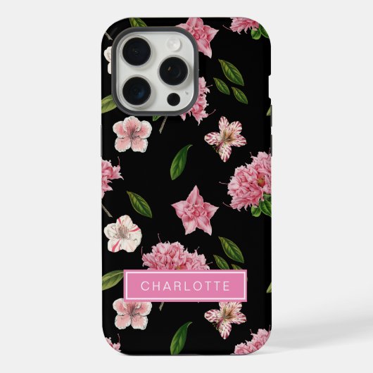 Botanisch zwart met roze bloemen iPhone hoesje (Achterkant)