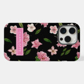 Botanisch zwart met roze bloemen iPhone hoesje (Achterkant horizontaal)