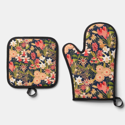 Botanisch Zwart Ovenwant & Pannenlap Set (Voorkant)