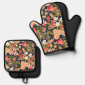 Botanisch Zwart Ovenwant & Pannenlap Set (Voorkant / Achterkant)