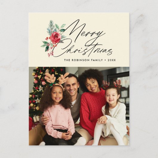 Botanisch Zwart Script Kerstkaart Briefkaart (Voorkant)