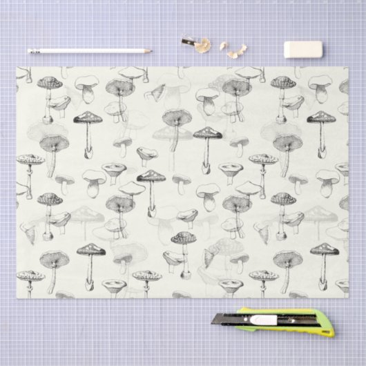 Botanisch Zwart Wit Paddenstoelenpatroon Tissuepapier (Craft)