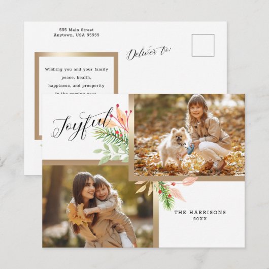 Botanische 2-foto's met joyful Script met Gold-Lij Feestdagenkaart (Voorkant / Achterkant)