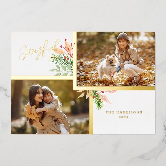 Botanische 2-foto's met joyful Script met Gold-Lij Folie Feestdagenkaart (Voorkant)