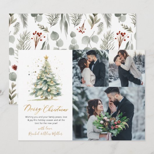 Botanische 3 Multi Foto Kerstboom Feestdagenkaart (Voorkant / Achterkant)