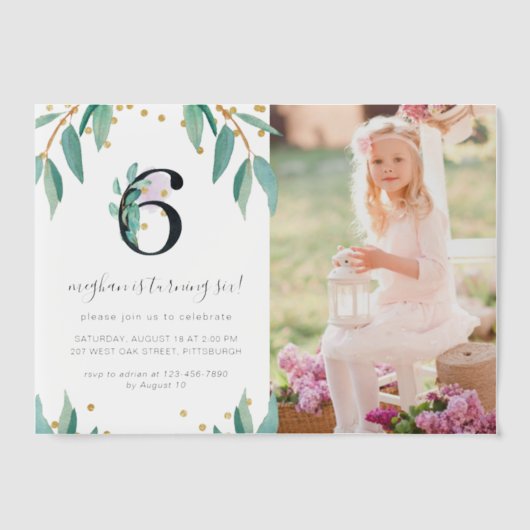  Botanische 6e Verjaardagsfeest Foto Vellum Uitnodigingen (Voorkant)