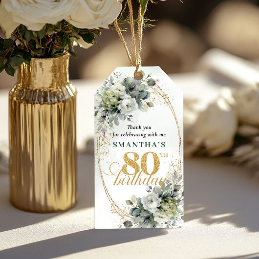 Botanische 80e verjaardag Stof Groen Label Cadeaulabel