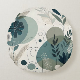 Botanische Abstract Teal En Neutrale Tinten Rond Kussen