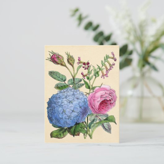 Botanische afdruk — Hydrangea en Rozen Briefkaart (Staand voorkant)