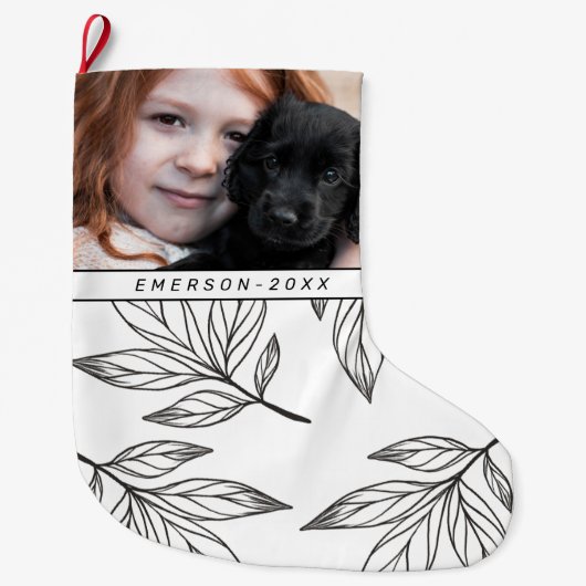 Botanische afdruk met foto en naam zwart grote kerstsok (Voorkant)