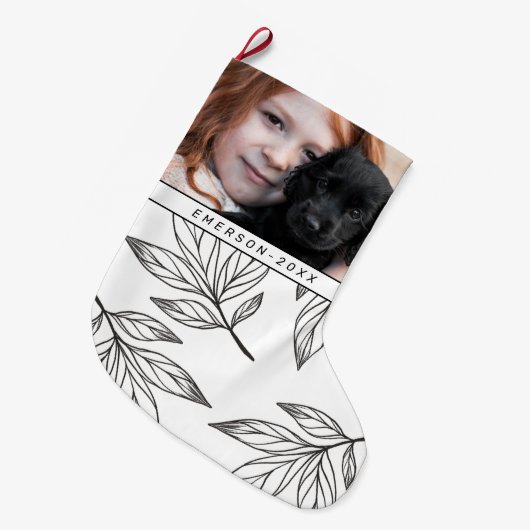 Botanische afdruk met foto en naam zwart grote kerstsok (Voorkant (Hangend))