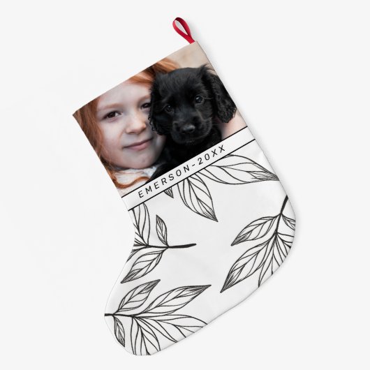 Botanische afdruk met foto en naam zwart grote kerstsok (Achterkant (Hangend))