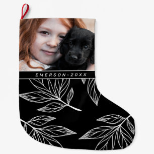 Botanische afdruk met foto en naam zwart grote kerstsok