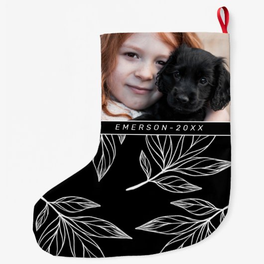Botanische afdruk met foto en naam zwart grote kerstsok (Achterkant)