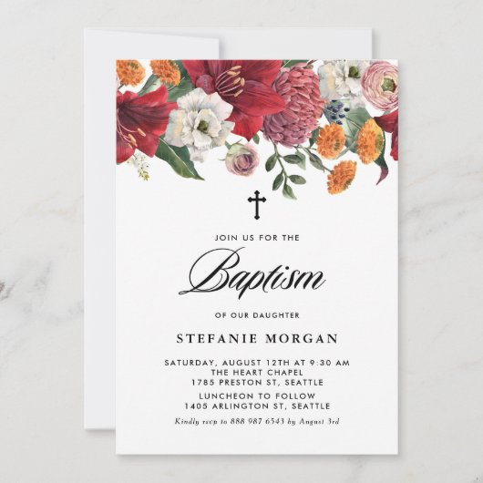 Botanische Amaryllis en Chrysanthemum doop Kaart (Voorkant)